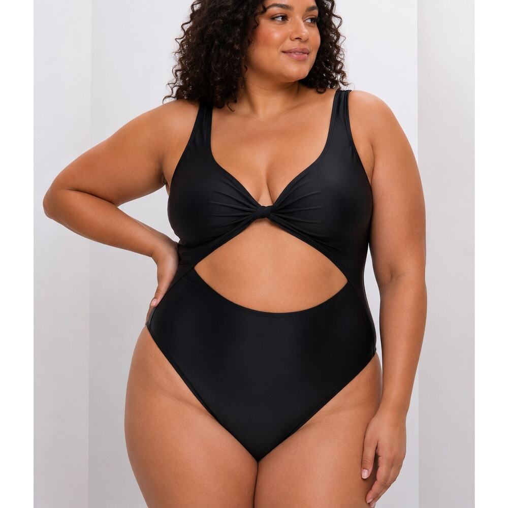 Good American Twist-Front Cutout Stretch Satin Swimsuit Black Size 5 NWT